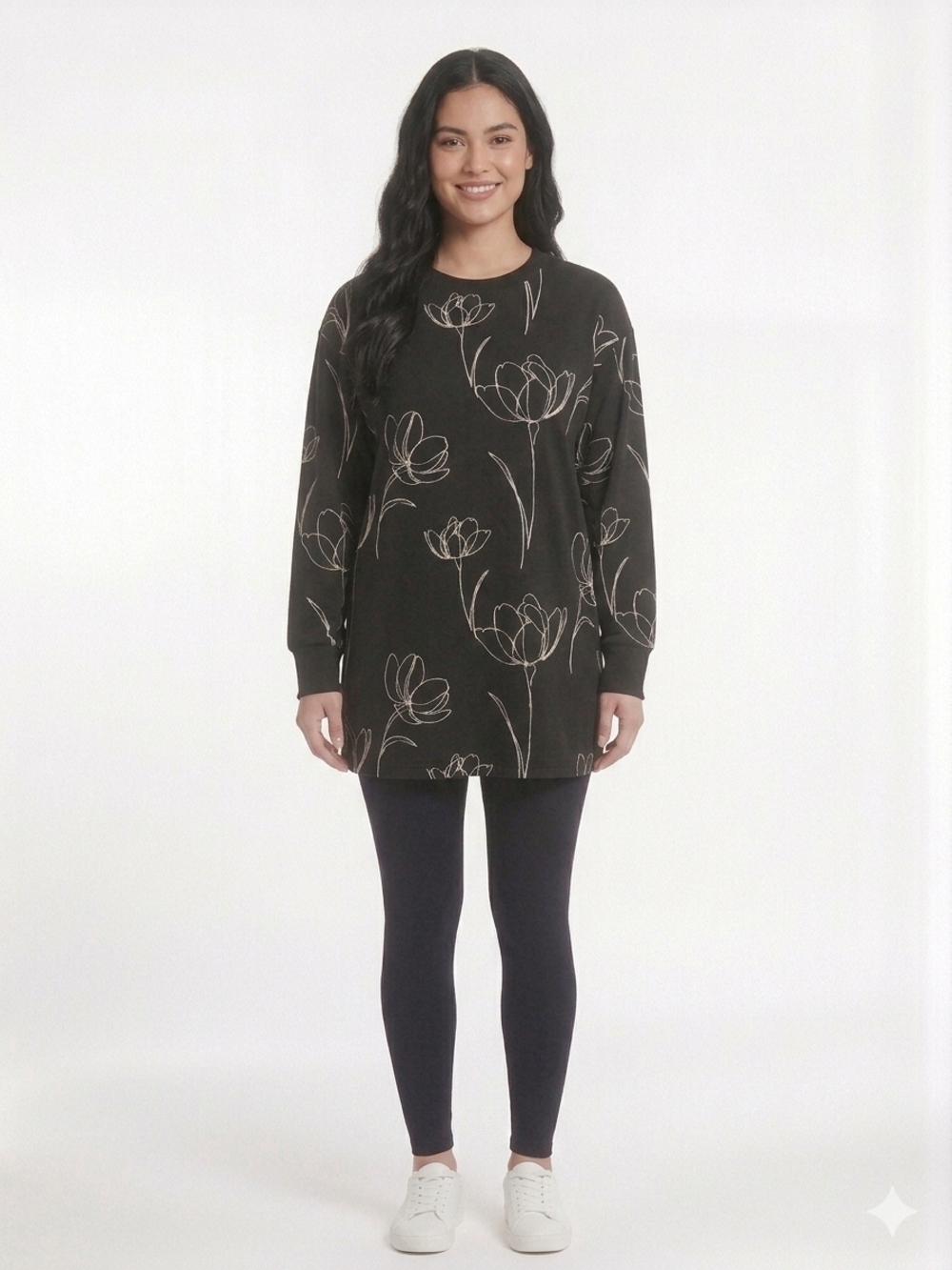 Black Floral Long Sleeve Tunic Top Up To Size 3XL